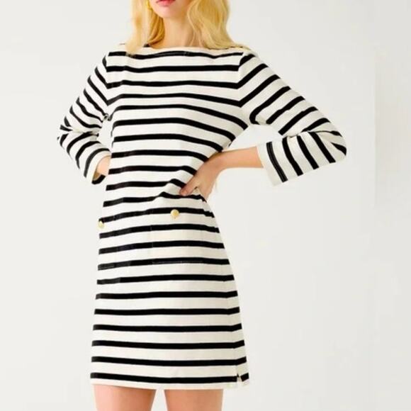 J. Crew Dresses & Skirts - J. Crew Mariner Cloth Mini Shirt Dress XS Cream Black Stripe Nautical Coastal